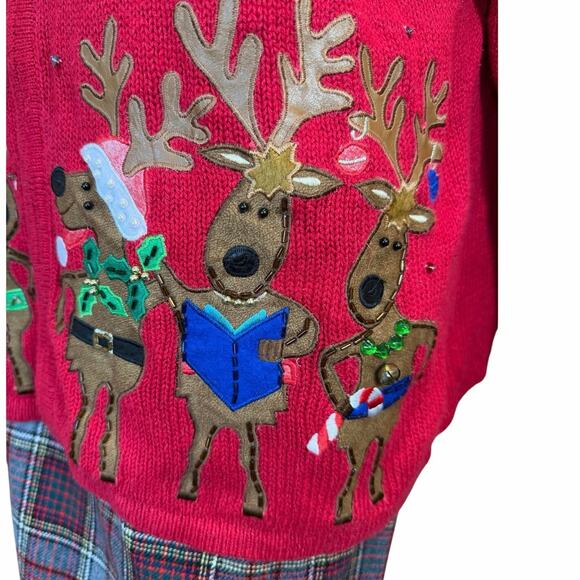 Vintage Ugly Christmas Sweater SZ Large Granny Zip Up Cardigan Knit Holiday Red - Picture 6 of 16